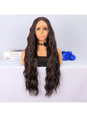 Indispensablely Koyu Kumral Dalgalı Uzun Boy Tül Peruk