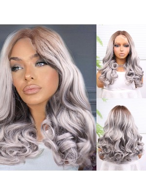 Indispensablely Açık Kumral Gri Ombreli Bebek Lı Geniş Dalgalı Fiber Sen Tül Peruk