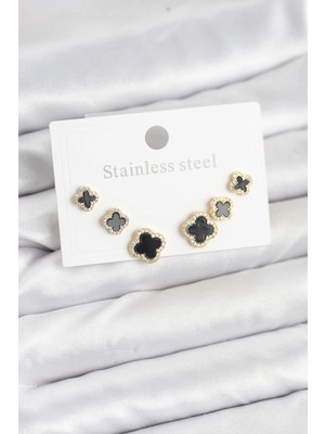 Luz&Pos 316L Çelik Zirkon Taşlı Yonca Model Kadın Küpe Seti