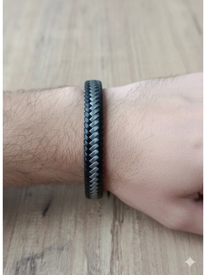 Reggente Siyah Gri Örme Hasır Deri Bileklik