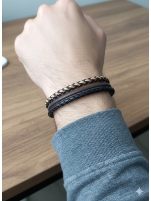 Reggente Kahverengi Siyah Örgü Deri Bileklik