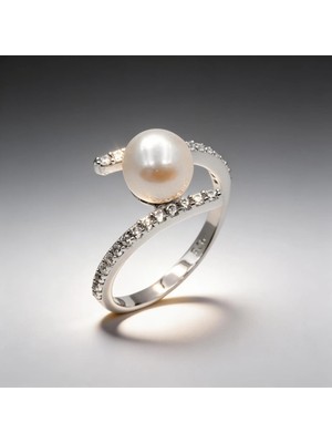 Besen Gümüş Zirkon Taşlı Incili Modern 925 Ayar Gümüş Yüzük