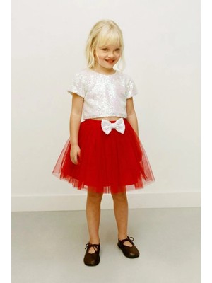 Magu Kız Çocuk Pamuklu Ekru Payetli Crop ve Kırmızı Tül Etek Takım