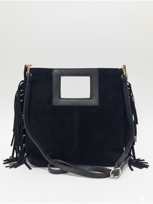 Sahara Siyah - Kenarları Püsküllü Pencere Detaylı Süet Çanta