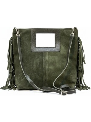 Sahara Yeşil - Kenarları Püsküllü Pencere Detaylı Süet Çanta