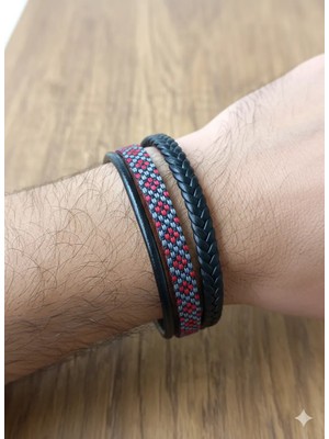 Reggente Etnik Desen Dokuma Siyah Kırmızı Hakiki Deri Bileklik