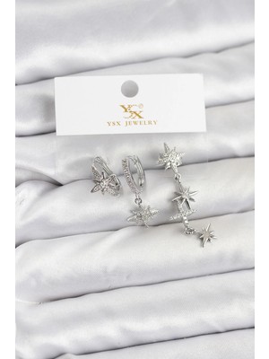 Luz&Pos Pirinç Gümüş Renk Zirkon Taşlı Kutup Yıldızı Model Ysx Trio Küpe Seti