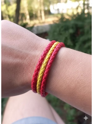 Reggente Sarı Kırmızı Galatasaray Örgü Deri Bileklik