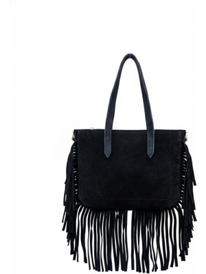 Savanna Siyah - Hareketli Püskül Detaylı Süet Çanta