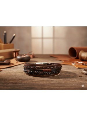 Lia Charm Hakiki Deri El Yapımı Çok Katmanlı Erkek Bileklik - Kahverengi & Siyah Örgü Tasarım