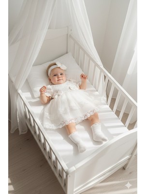 Miniday Baby Kız Bebek Mevlütlük Elbise Yazlık Bandanalı Dantelli Yeni Doğan Hastane Çıkışı Gelinlik Abiye 4017