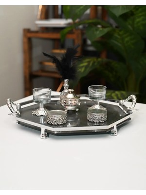 Nadisse Gümüş Detaylı Aynalı Sunum Tepsisi Seti