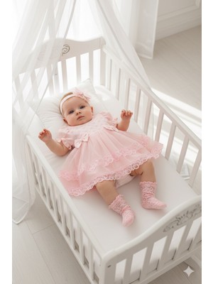 Miniday Baby Kız Bebek Mevlütlük Elbise Yazlık Bandanalı Dantelli Yeni Doğan Hastane Çıkışı Gelinlik Abiye 4017