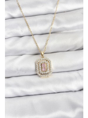 Luz&Pos 316L Çelik Zincir Gold Renk Plaka Model Zirkon Taşlı Kadın Kolye