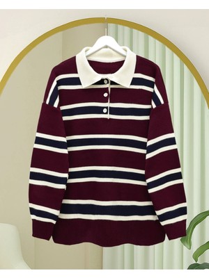 Modamorfo Polo Yaka Düğmeli Renkli Çizgili Triko Kazak -Bordo