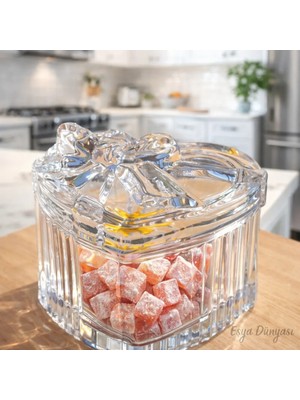 Eşya Dünyası Lüks Kalp Tasarım Fiyonk Kapaklı Kristal Kesim Cam Şekerlik & Çikolatalık - Şık Sunumluk