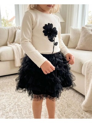 Mutlu Bebe %100 Pamuk Kız Çocuk Çiçek Aplikeli Bluz ve Tütü Etek Takım Uzun Kollu Şık Bayramlık Kombin