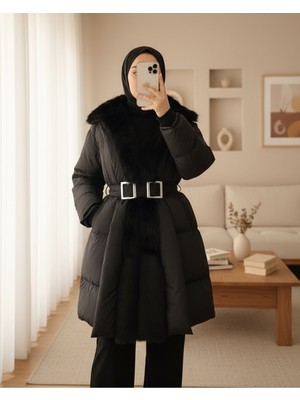 Modamorfo Kürk Detaylı Kemerli Cepli Astarlı  Şişme Mont -Siyah