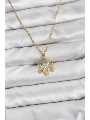 Luz&Pos 316L Çelik Zincir Gold Renk Kar Tanesi Model Zirkon Taşlı Kadın Kolye