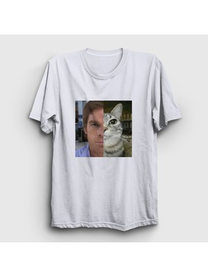 Presmono Unisex Beyaz Dexter Morgan Kedi Kedili Cat T-Shirt