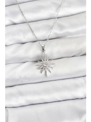 Luz&Pos 316L Çelik Zincir Gümüş Renk Kutup Yıldızı Model Zirkon Taşlı Kadın Kolye