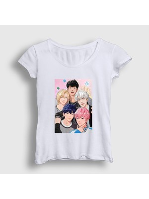 Presmono Kadın Beyaz Band K Pop Plave T-Shirt