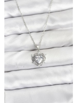 Luz&Pos 316L Çelik Zincir Gümüş Renk Kalp Model Zirkon Taşlı Kadın Kolye