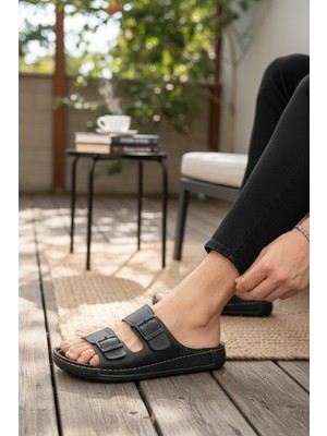 Enoch Erkek Çift Tokalı Düz Taban Terlik