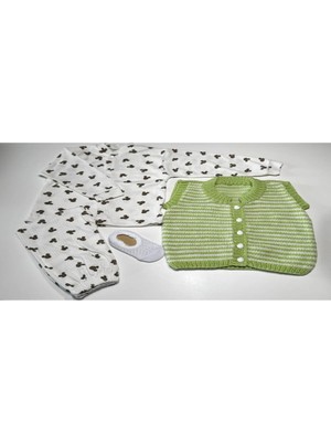 vitvit 2-3 Yaş El Örgüsü Yeşil-Beyaz Yelek, Pijama Takımı ve Babet Çorap
