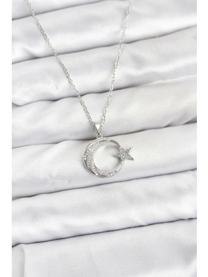 Luz&Pos 316L Çelik Zincir Gümüş Renk Ay Yıldız Model Zirkon Taşlı Kadın Kolye