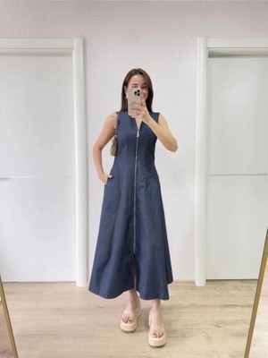 Modatıkla Jeans Kot Önü Tam Fermuarlı Uzun Elbise - Mavi