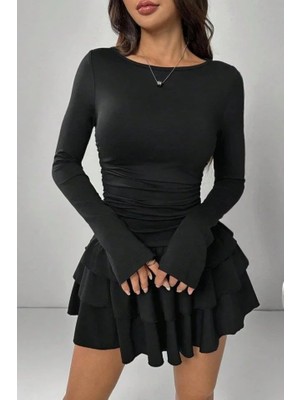 Modatıkla Eteği Kat Kat Volanlı Mini Elbise