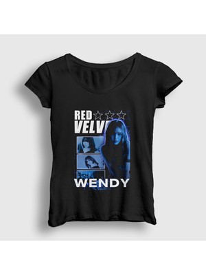 Presmono Kadın Siyah Stars Wendy Red Velvet T-Shirt