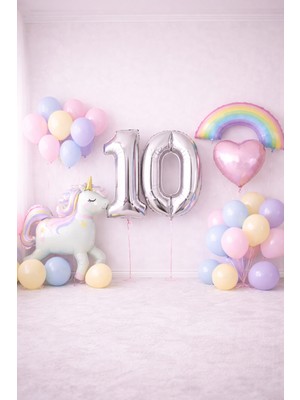 Unicorn Gökkuşağı Pastel Doğum Günü 2 Rakam Balon Seçenekli Mumlu Balon Seti