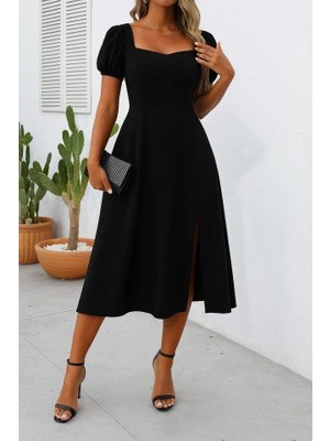 Modatıkla Kadın Kısa Kollu Kare Yakalı Yırtmaçlı Midi Janjan Krep Elbise