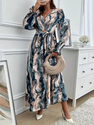 Modatıkla Kadın Uzun Kollu Kruvaze Yakalı Beli Kuşaklı Desenli Süprem Maxi Elbise