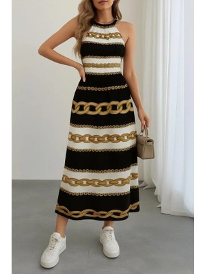 Modatıkla Kadın Kolsuz Boyundan Bağlamalı Beli Lastikli Dijital Baskı Süprem Uzun Elbise