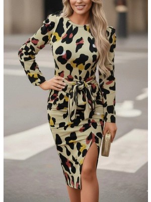 Modatıkla Kadın Uzun Kollu Yuvarlak Yaka Belden Kuşaklı Önden Yırtmaçlı Örme Krep Elbise