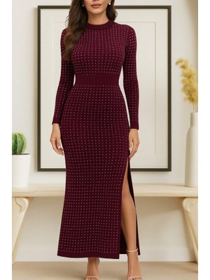 Modatıkla Kadın Uzun Kollu Bisiklet Yaka Taşlı Midi Kadife Elbise