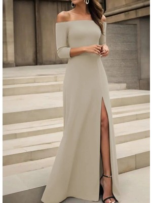 Modatıkla Kadın Uzun Kollu Madonna Yakalı Yırtmaç Detaylı Uzun Ithal Krep Elbise