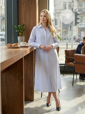 Modatıkla Kadın Uzun Kollu Çizgi Detay Maxi Boy Gömlek Elbise