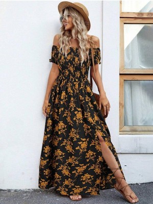 Modatıkla Kadın Kısa Kollu Madonna Yaka Yırtmaçlı Çiçek Desenli Süprem Elbise