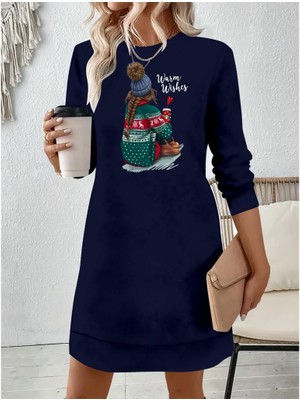 Modatıkla Kadın Uzun Kollu Bisiklet Yaka Desenli Viskon Iki Iplik Elbise