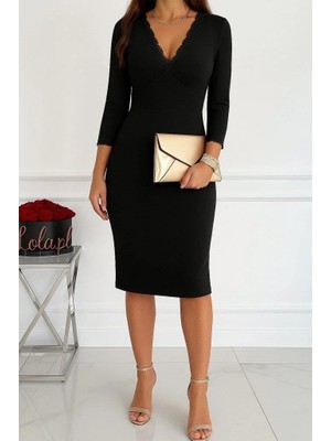 Modatıkla Kadın Fakir Kollu V Yakalı Dantel Detaylı Midi Janjan Krep Elbise