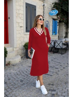 Modatıkla Kadın Uzun Kollu V Yakalı Yandan Yırtmaçlı Iki Iplik Midi Elbise