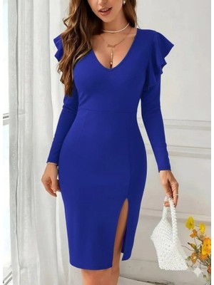 Modatıkla Kadın Uzun Kollu V Yakalı Yandan Yırtmaçlı Midi Ithal Krep Elbise