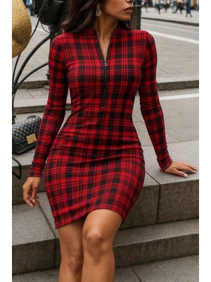 Modatıkla Kadın Uzun Kollu Fermuarlı Ekose Baskılı Dalgıç Elbise