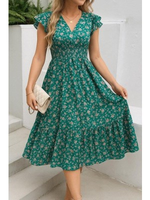 Modatıkla Kadın Kısa Kollu Kruvaze Yaka Beli Lastikli Çiçek Desenli Elbise