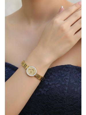 Caş Dekorasyon Altın Renk Tuğralı Çelik Kelepçe Bileklik