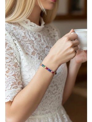 Caş Dekorasyon Gümüş Renk Renkli Taşlı Su Yolu Bileklik